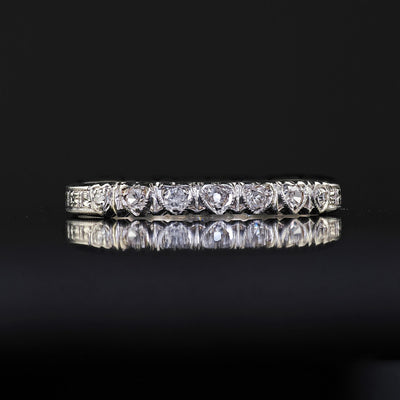 Antique Art Deco 18K White Gold Heart Motif Single Cut Diamond Wedding Band Ring