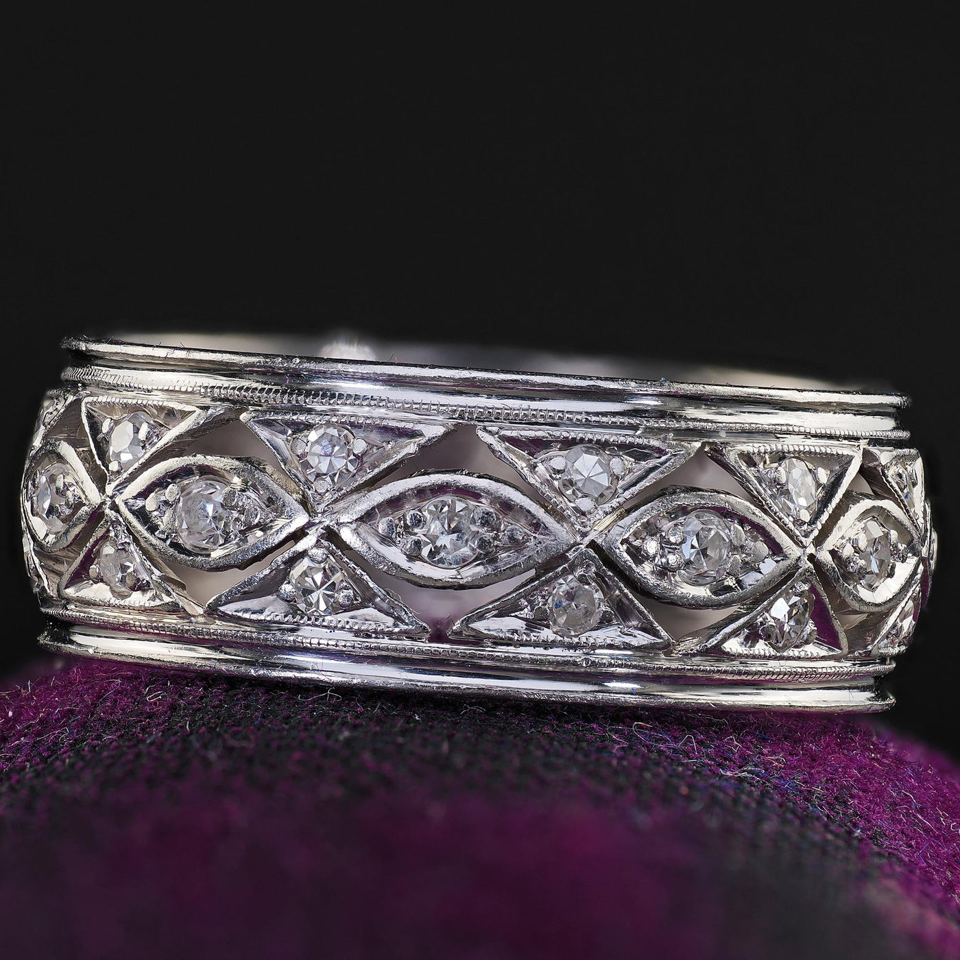 Antique Art Deco Platinum Single Cut Diamond Filigree Wide Eternity Band Ring