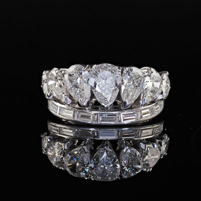 Vintage Retro Platinum Old Pear Cut and Baguette Diamond Eternity Band Ring