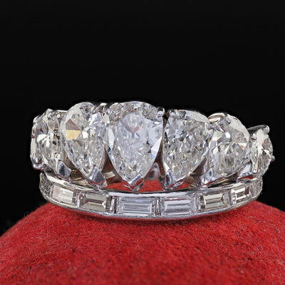 Vintage Retro Platinum Old Pear Cut and Baguette Diamond Eternity Band Ring