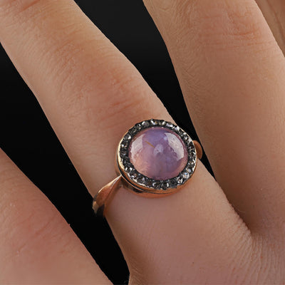 Antique Victorian 14K Rose Gold Cabochon Star Sapphire and Diamond Halo Ring