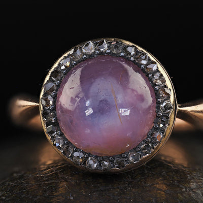 Antique Victorian 14K Rose Gold Cabochon Star Sapphire and Diamond Halo Ring