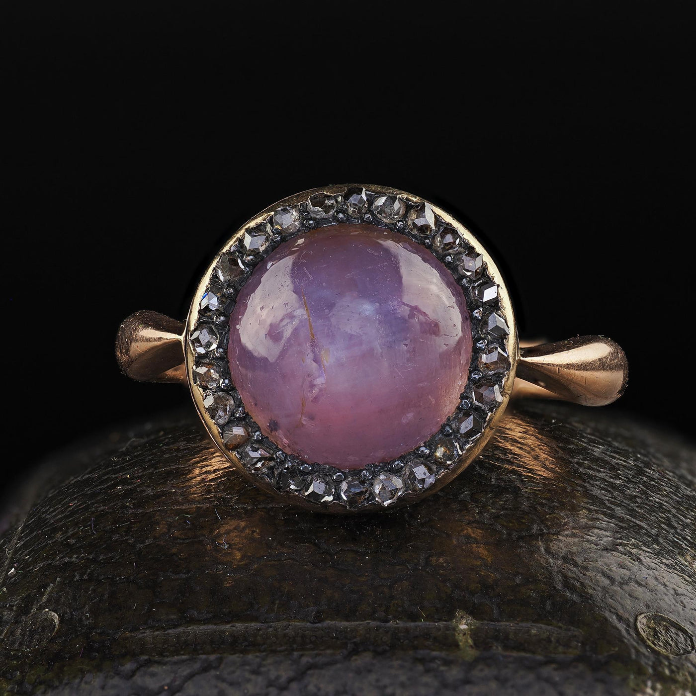 Antique Victorian 14K Rose Gold Cabochon Star Sapphire and Diamond Halo Ring