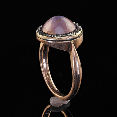 Antique Victorian 14K Rose Gold Cabochon Star Sapphire and Diamond Halo Ring