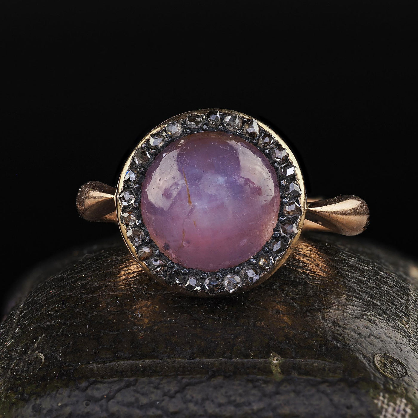 Antique Victorian 14K Rose Gold Cabochon Star Sapphire and Diamond Halo Ring