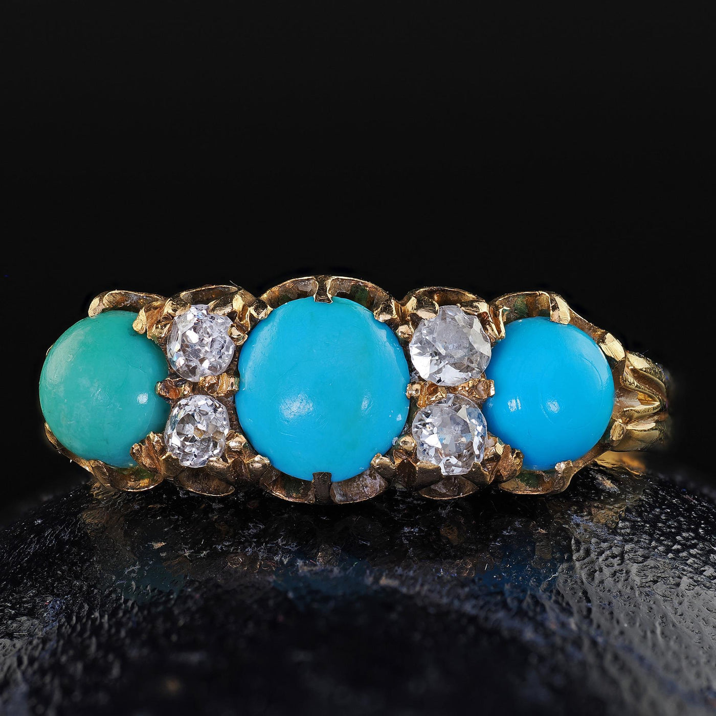 Antique English Victorian 18K Yellow Gold Turquoise Old Mine Diamond Ring