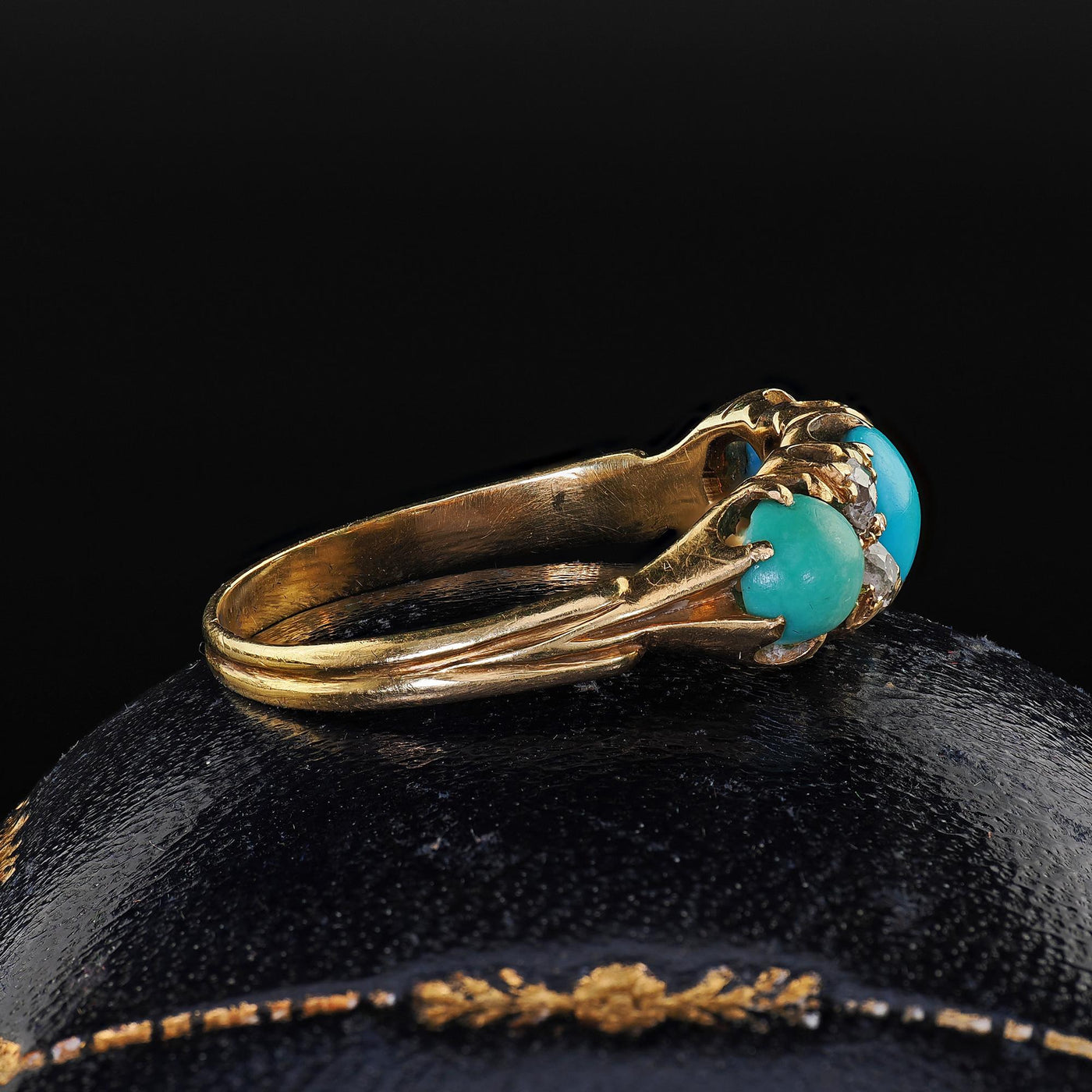 Antique English Victorian 18K Yellow Gold Turquoise Old Mine Diamond Ring