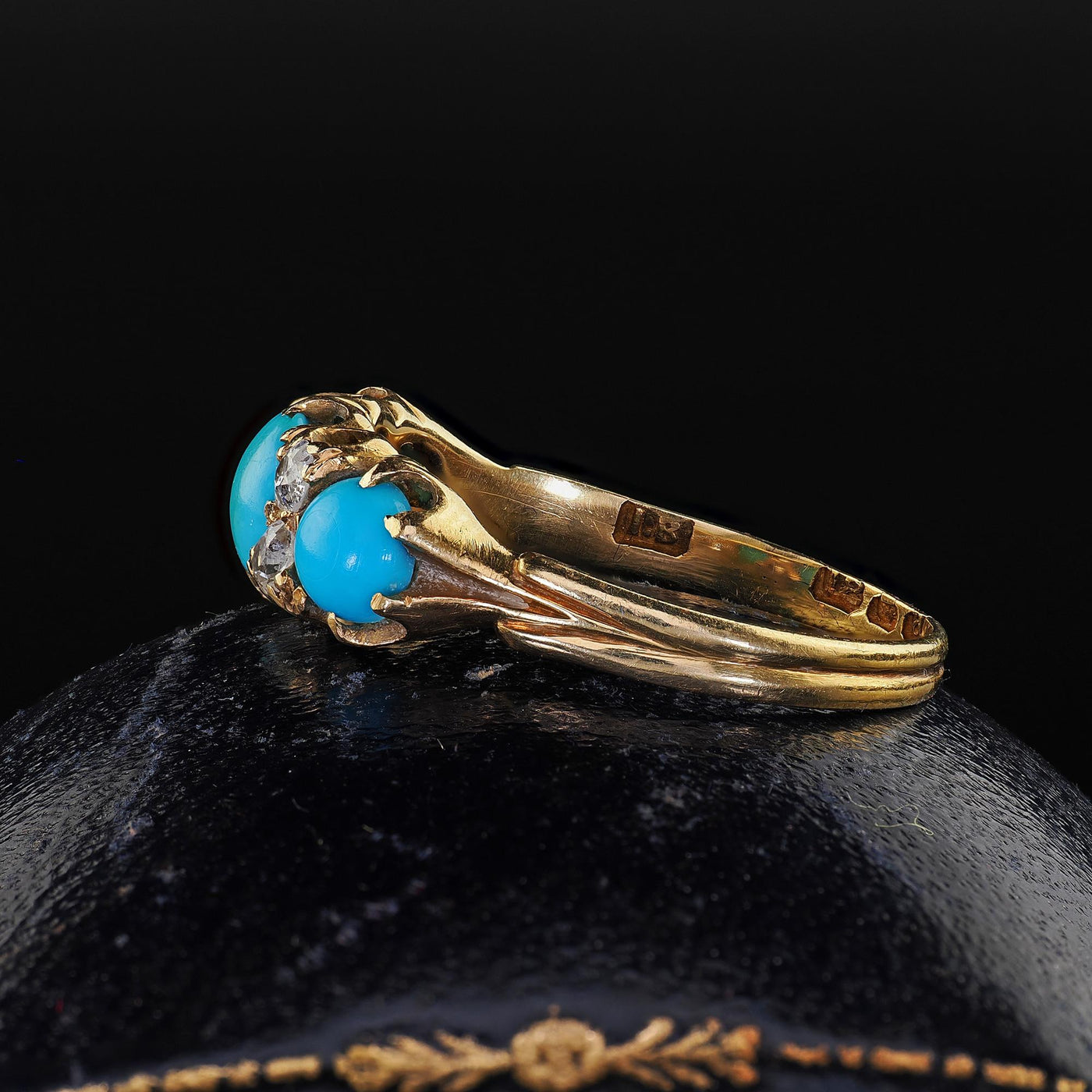 Antique English Victorian 18K Yellow Gold Turquoise Old Mine Diamond Ring