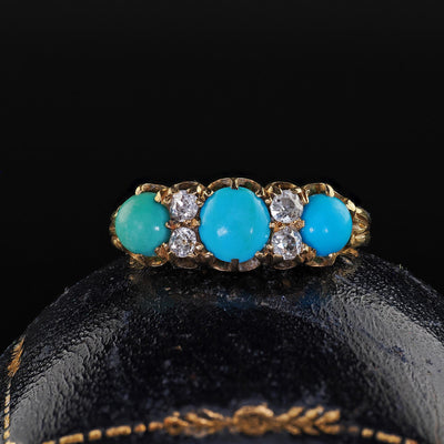 Antique English Victorian 18K Yellow Gold Turquoise Old Mine Diamond Ring