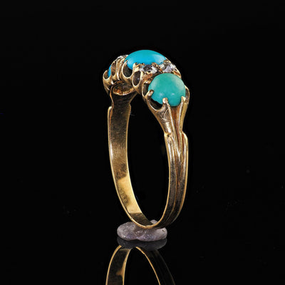 Antique English Victorian 18K Yellow Gold Turquoise Old Mine Diamond Ring