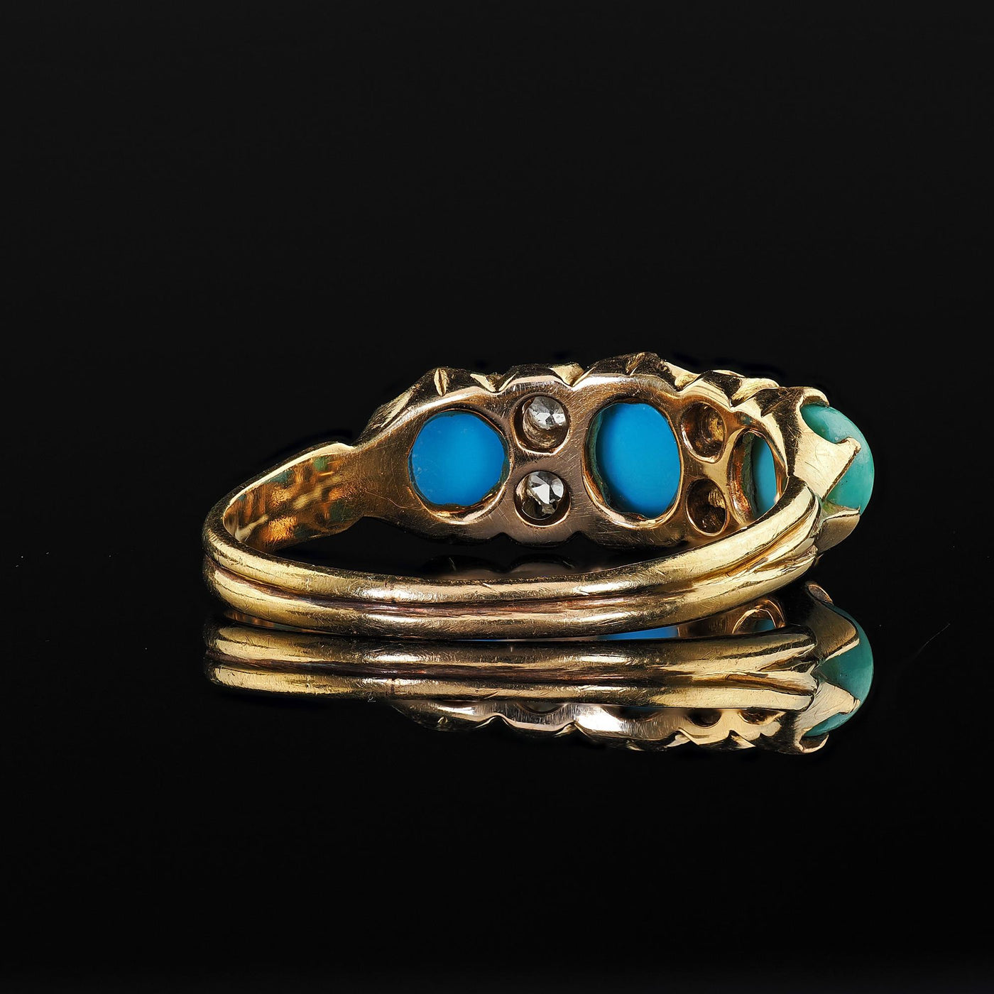 Antique English Victorian 18K Yellow Gold Turquoise Old Mine Diamond Ring