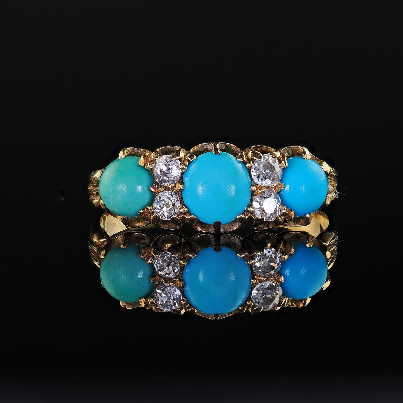 Antique English Victorian 18K Yellow Gold Turquoise Old Mine Diamond Ring