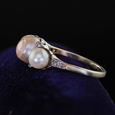 Antique Edwardian 14K Gold and Platinum Natural Pearl Diamond Ring