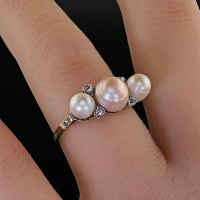 Antique Edwardian 14K Gold and Platinum Natural Pearl Diamond Ring