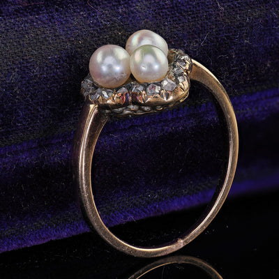 Antique Victorian 14K Yellow Gold Pearl and Diamond Heart Clover Ring