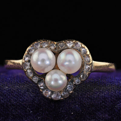 Antique Victorian 14K Yellow Gold Pearl and Diamond Heart Clover Ring