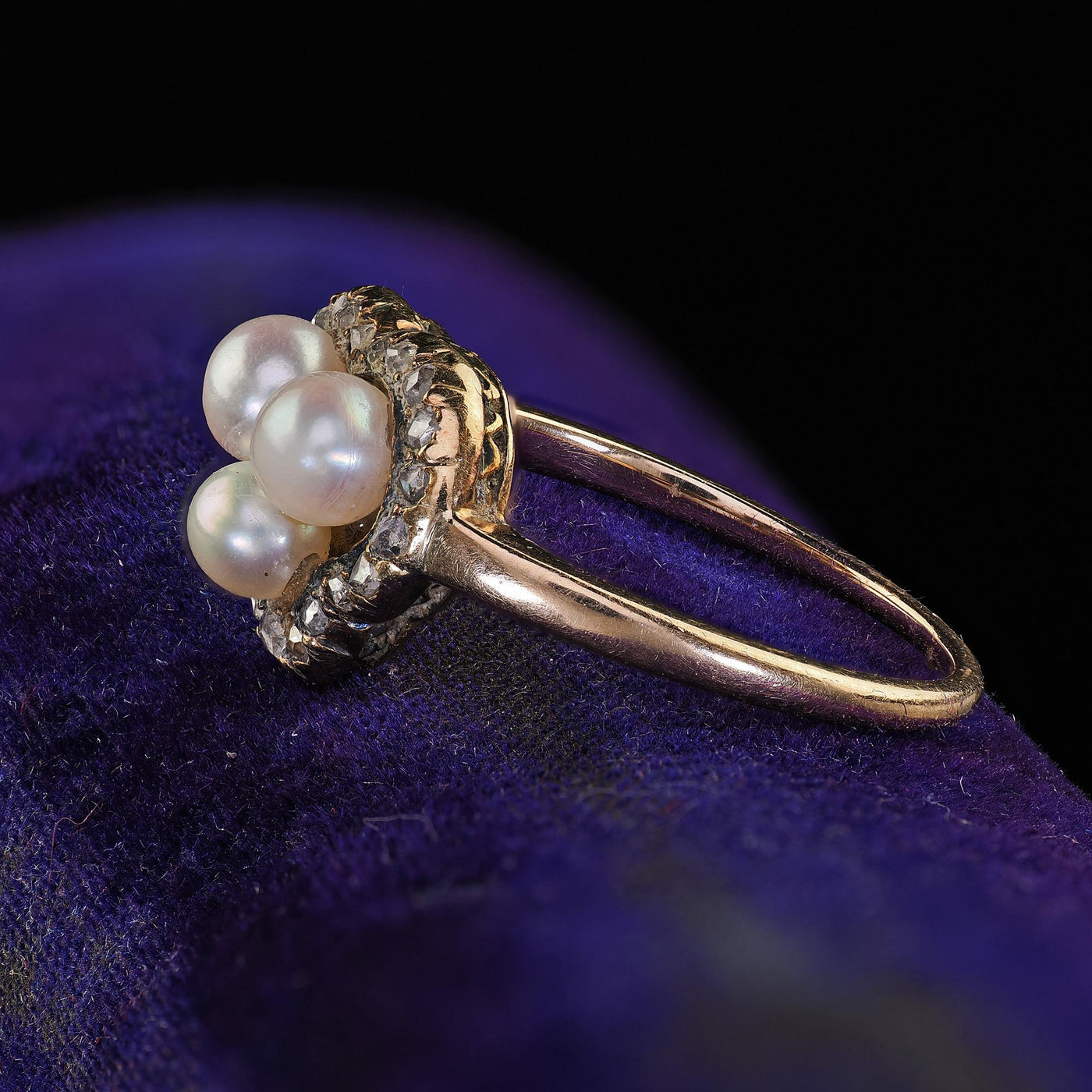 Antique Victorian 14K Yellow Gold Pearl and Diamond Heart Clover Ring