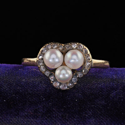 Antique Victorian 14K Yellow Gold Pearl and Diamond Heart Clover Ring