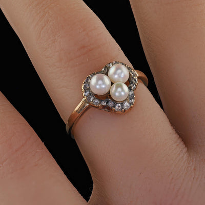 Antique Victorian 14K Yellow Gold Pearl and Diamond Heart Clover Ring