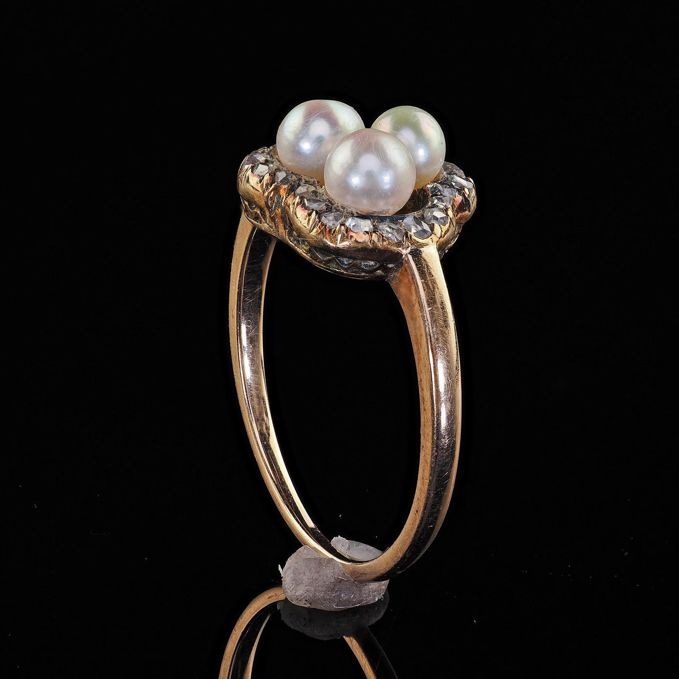 Antique Victorian 14K Yellow Gold Pearl and Diamond Heart Clover Ring