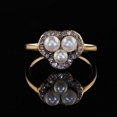 Antique Victorian 14K Yellow Gold Pearl and Diamond Heart Clover Ring