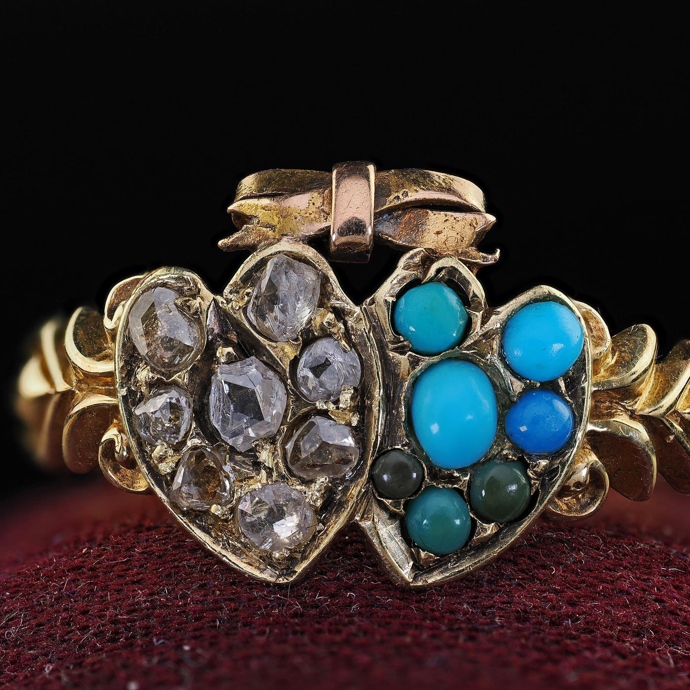 Antique Victorian 15K Yellow Gold Rose Cut Diamond Turquoise Double Heart Ring