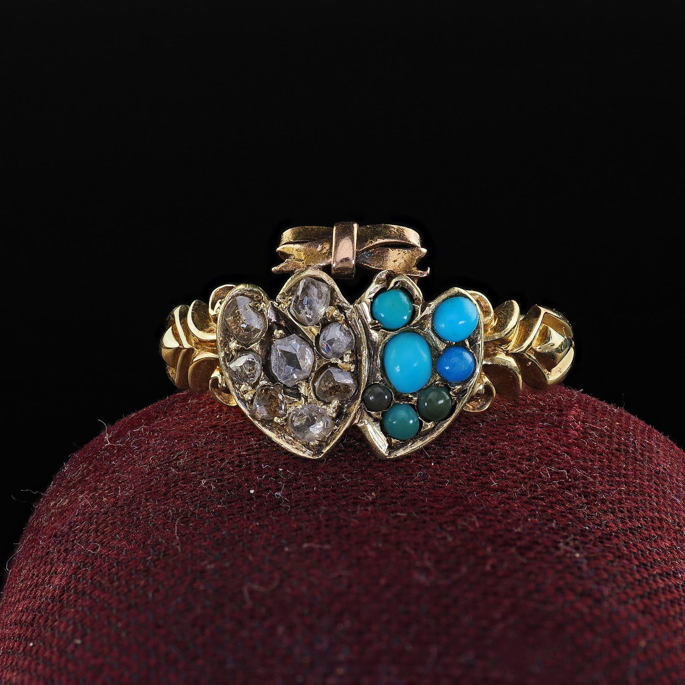 Antique Victorian 15K Yellow Gold Rose Cut Diamond Turquoise Double Heart Ring