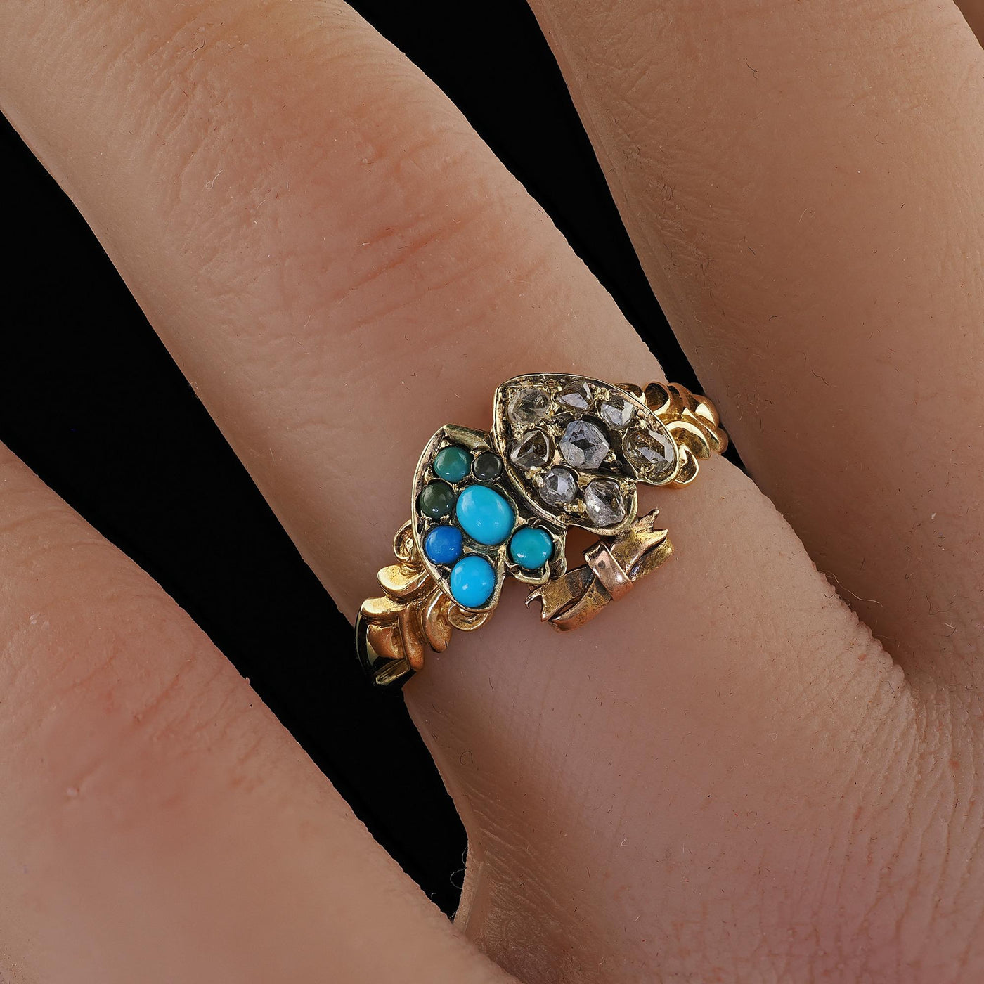 Antique Victorian 15K Yellow Gold Rose Cut Diamond Turquoise Double Heart Ring