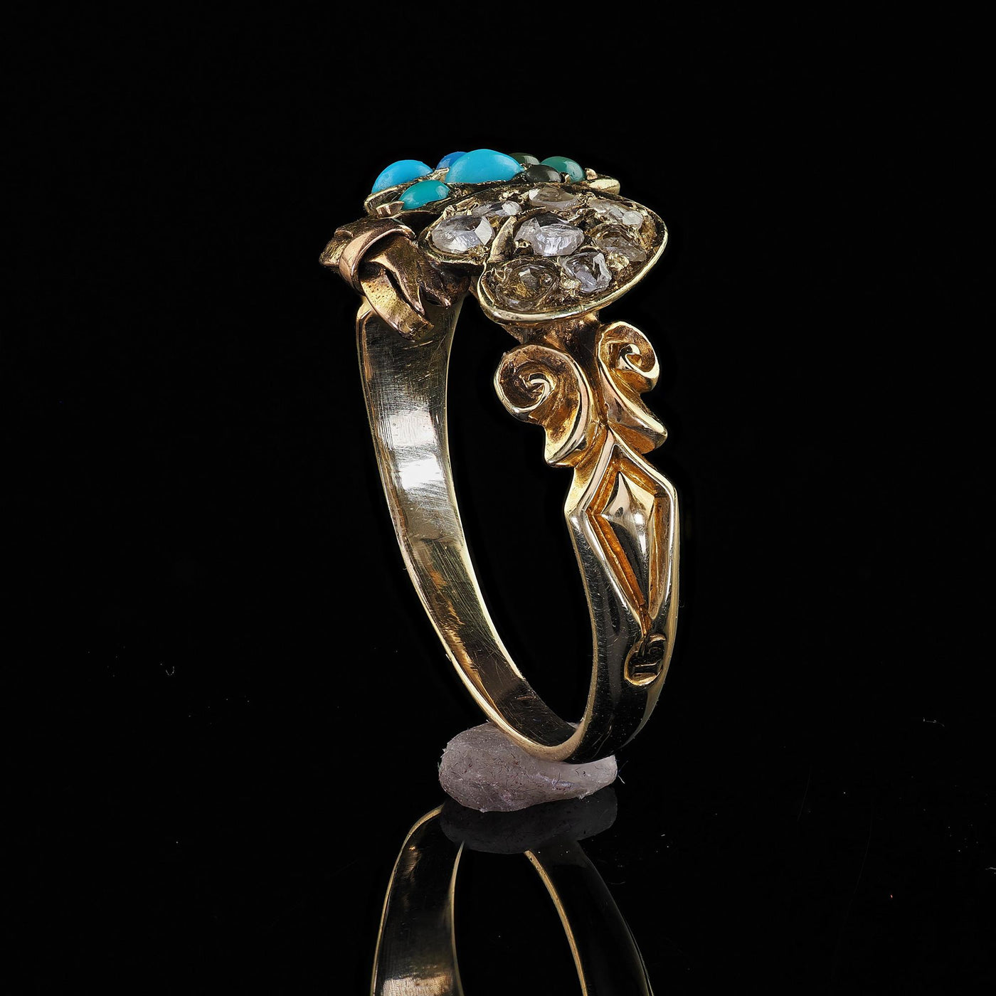 Antique Victorian 15K Yellow Gold Rose Cut Diamond Turquoise Double Heart Ring