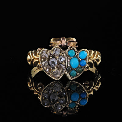 Antique Victorian 15K Yellow Gold Rose Cut Diamond Turquoise Double Heart Ring