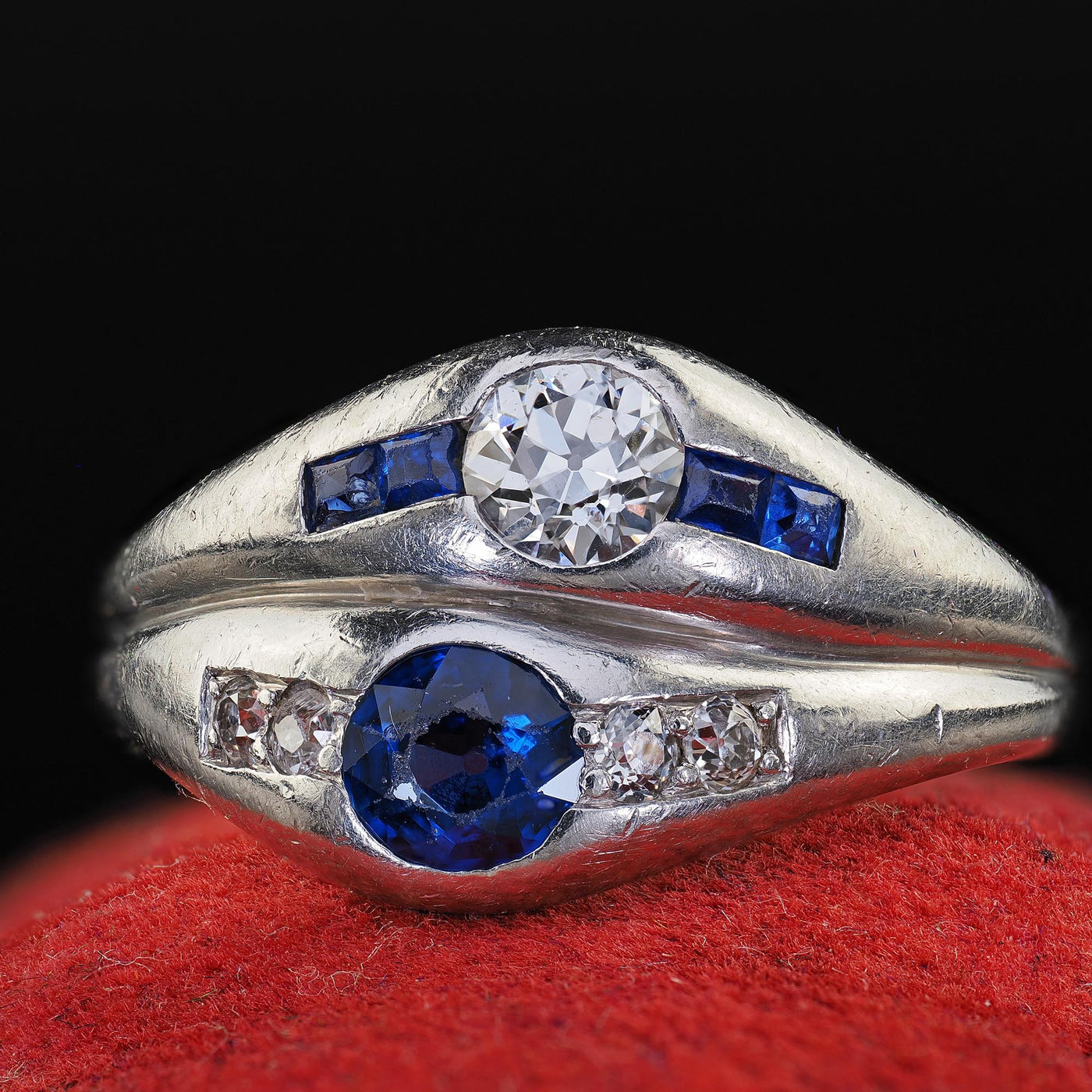 Antique Art Deco Platinum Old Euro Diamond and Sapphire Double Ring