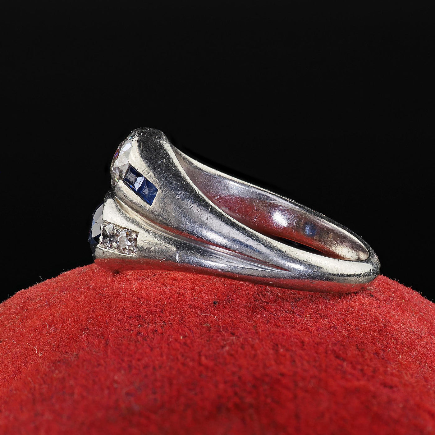 Antique Art Deco Platinum Old Euro Diamond and Sapphire Double Ring