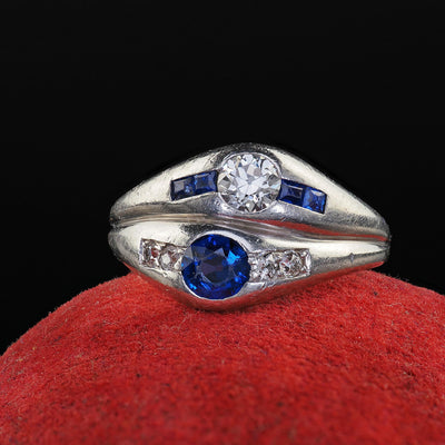 Antique Art Deco Platinum Old Euro Diamond and Sapphire Double Ring