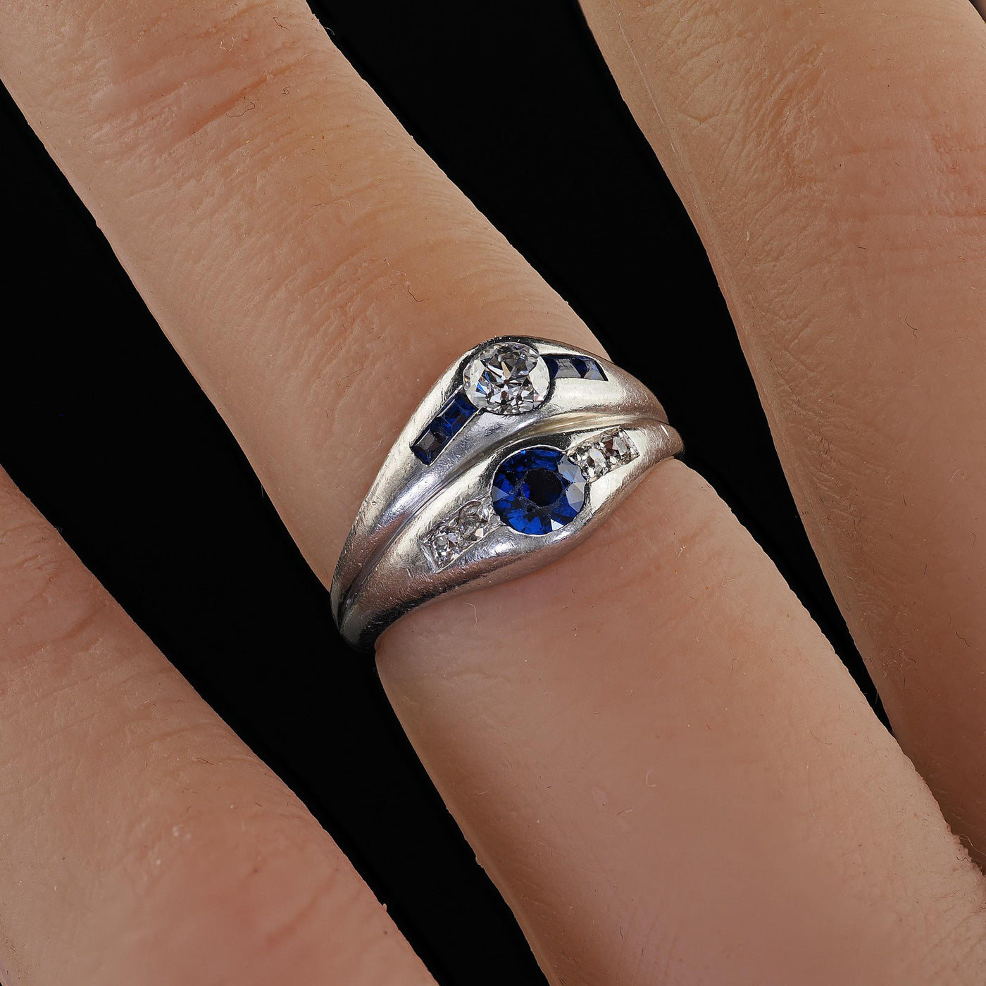 Antique Art Deco Platinum Old Euro Diamond and Sapphire Double Ring