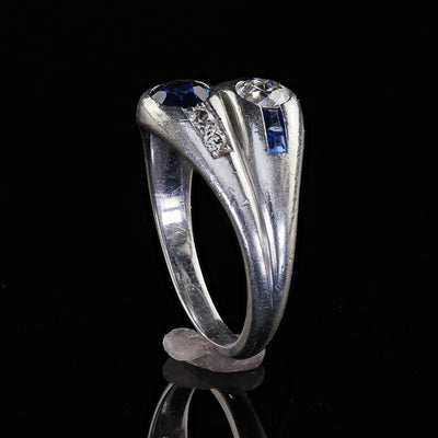 Antique Art Deco Platinum Old Euro Diamond and Sapphire Double Ring