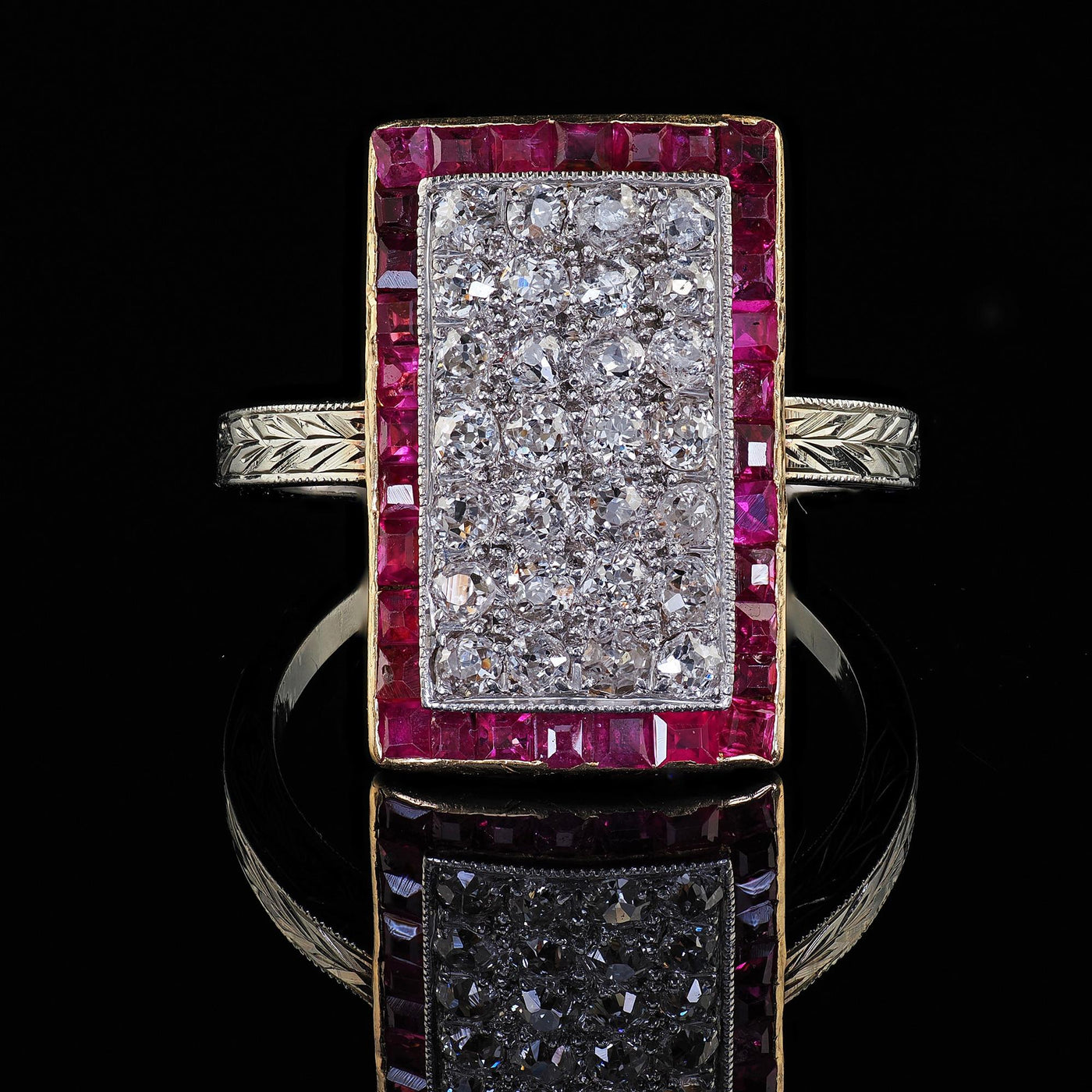 Antique Art Deco 18K Two Tone Gold Old Mine Diamond and Ruby Panel Ring