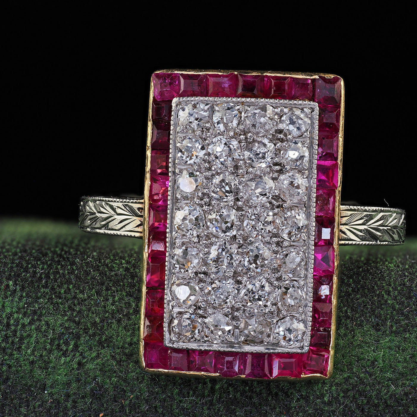 Antique Art Deco 18K Two Tone Gold Old Mine Diamond and Ruby Panel Ring