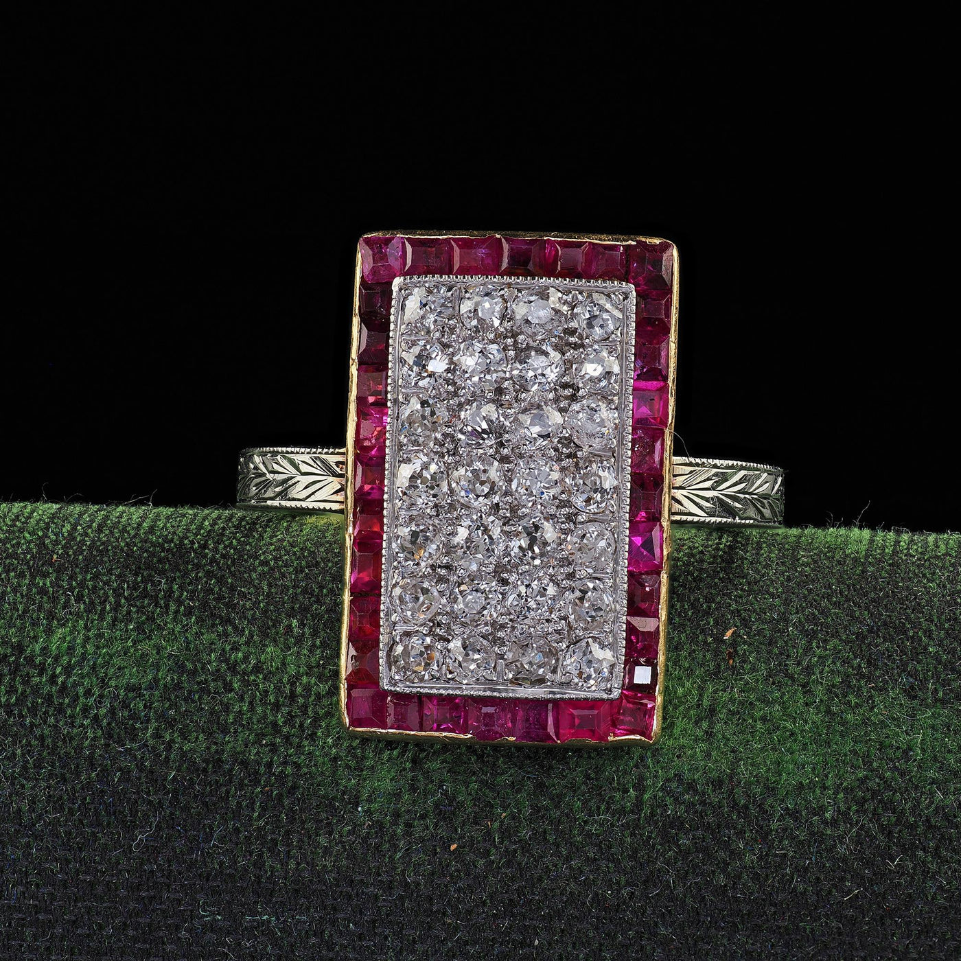 Antique Art Deco 18K Two Tone Gold Old Mine Diamond and Ruby Panel Ring