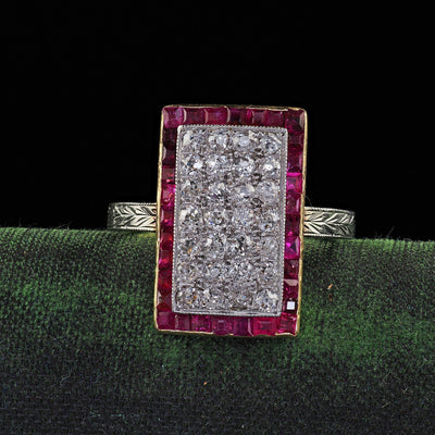 Antique Art Deco 18K Two Tone Gold Old Mine Diamond and Ruby Panel Ring