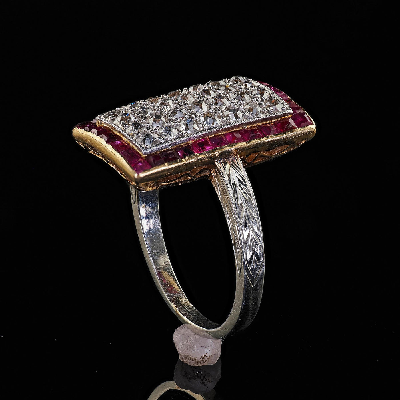 Antique Art Deco 18K Two Tone Gold Old Mine Diamond and Ruby Panel Ring