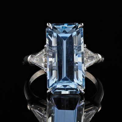 Vintage Estate Platinum Aquamarine and Diamond Three Stone Ring - GIA