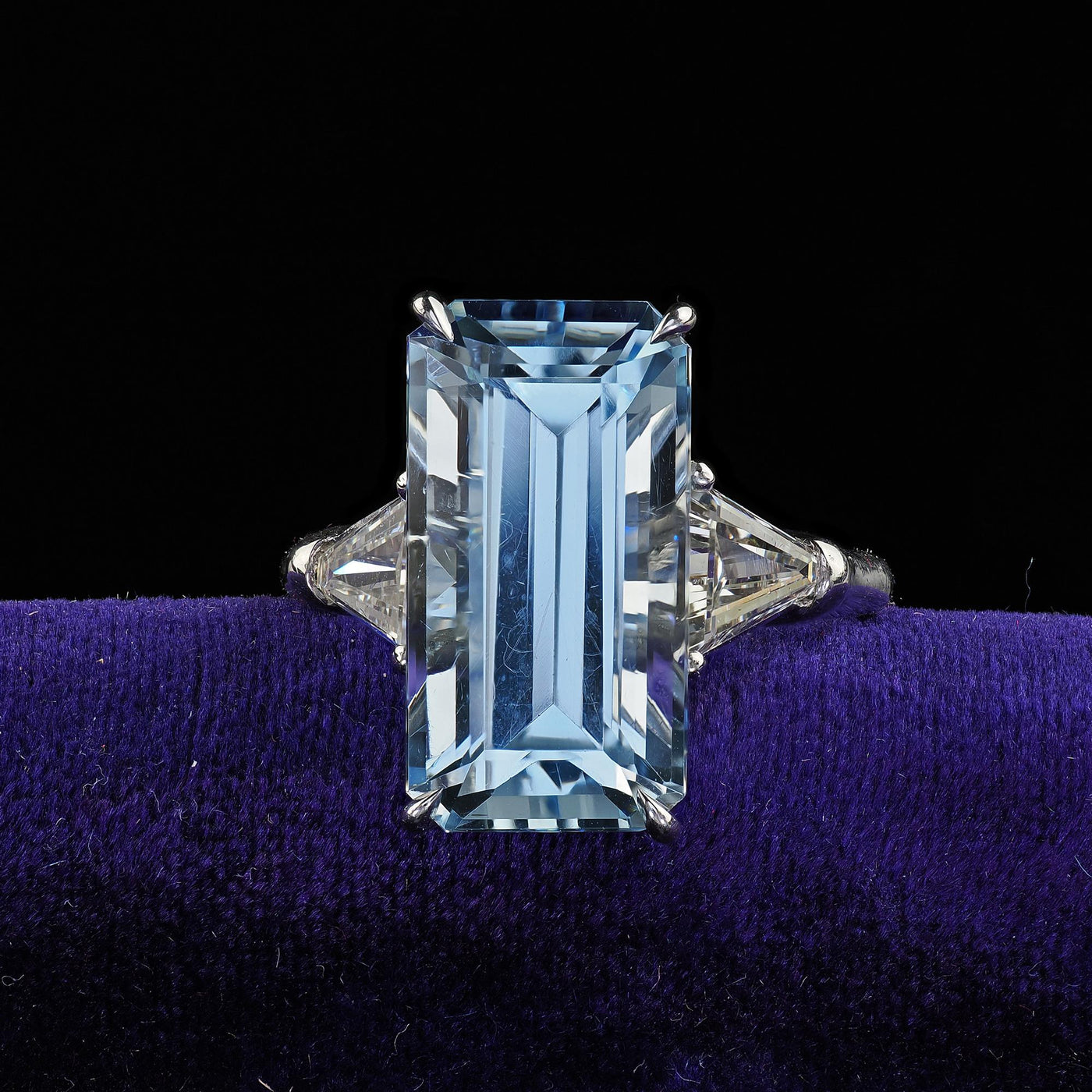 Vintage Estate Platinum Aquamarine and Diamond Three Stone Ring - GIA