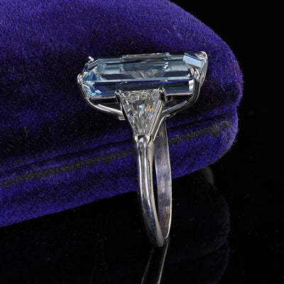 Vintage Estate Platinum Aquamarine and Diamond Three Stone Ring - GIA