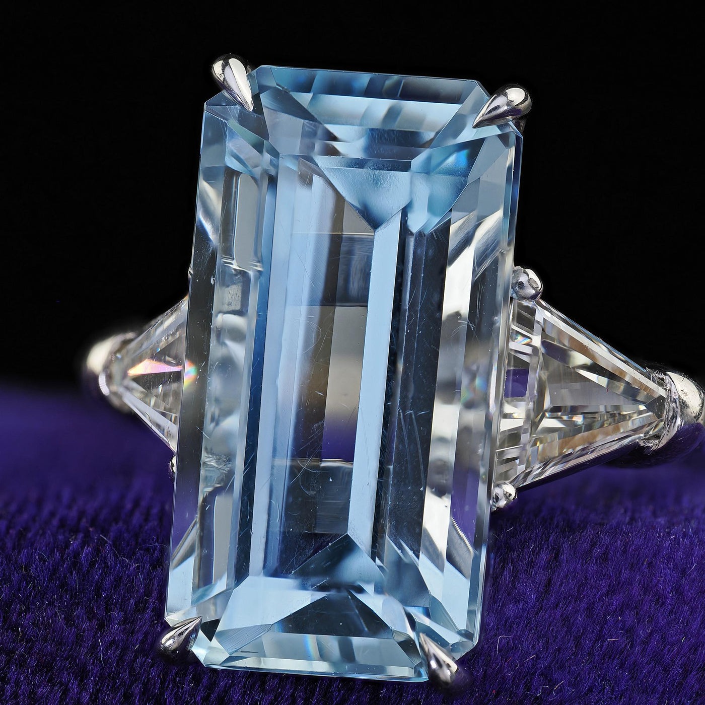 Vintage Estate Platinum Aquamarine and Diamond Three Stone Ring - GIA