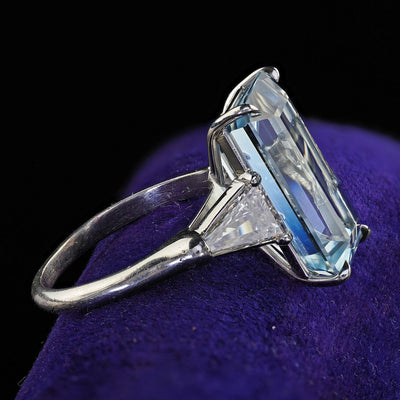 Vintage Estate Platinum Aquamarine and Diamond Three Stone Ring - GIA