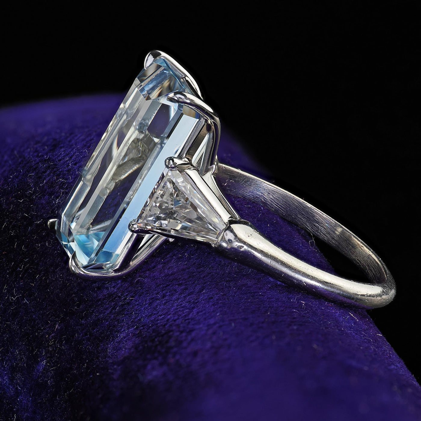 Vintage Estate Platinum Aquamarine and Diamond Three Stone Ring - GIA