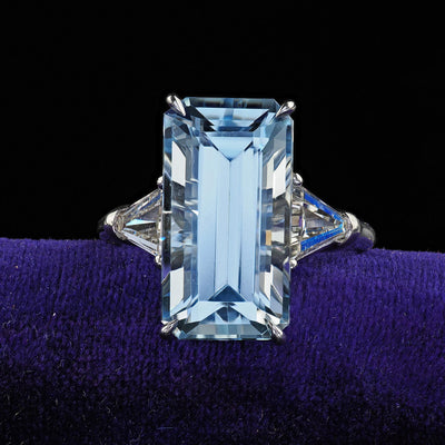 Vintage Estate Platinum Aquamarine and Diamond Three Stone Ring - GIA