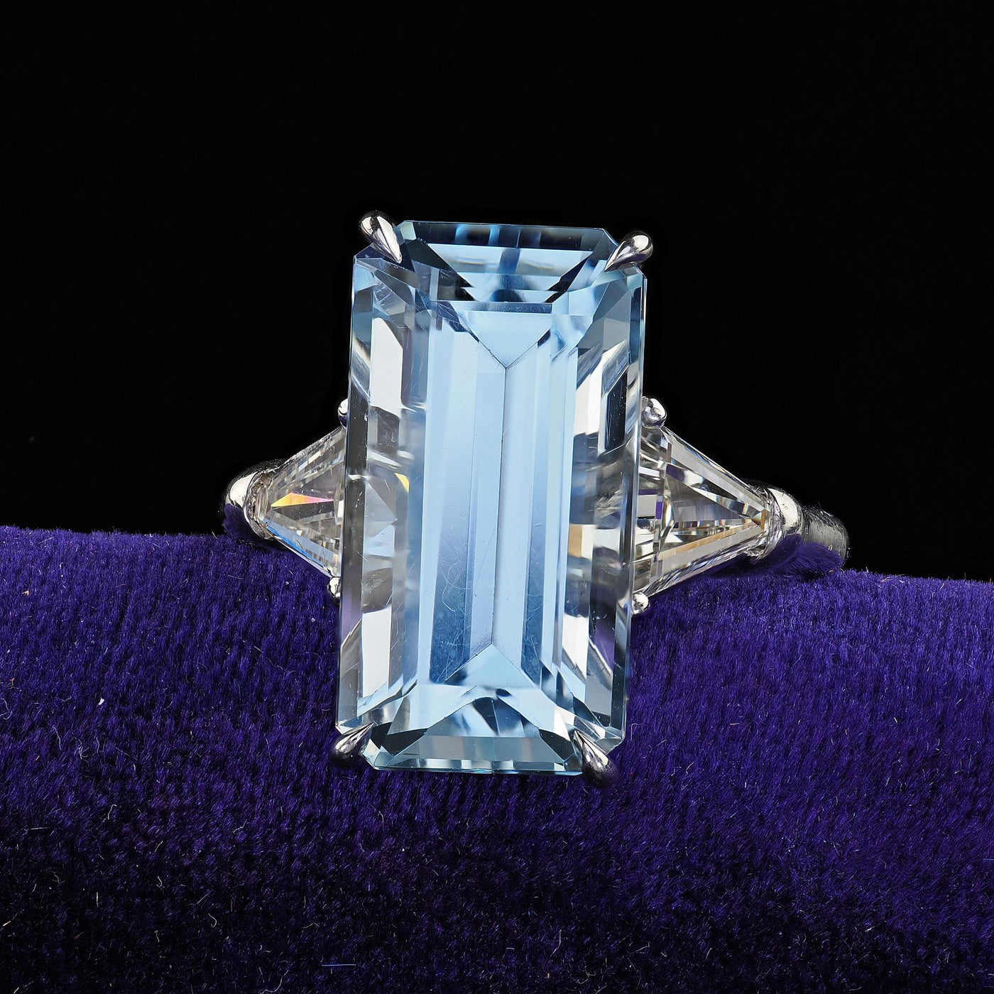 Vintage Estate Platinum Aquamarine and Diamond Three Stone Ring - GIA