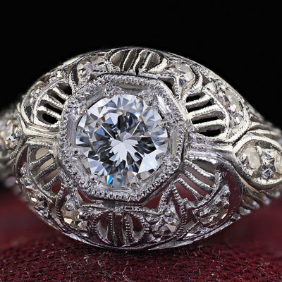 Antique Edwardian Platinum Old Cut Diamond Filigree Engagement Ring