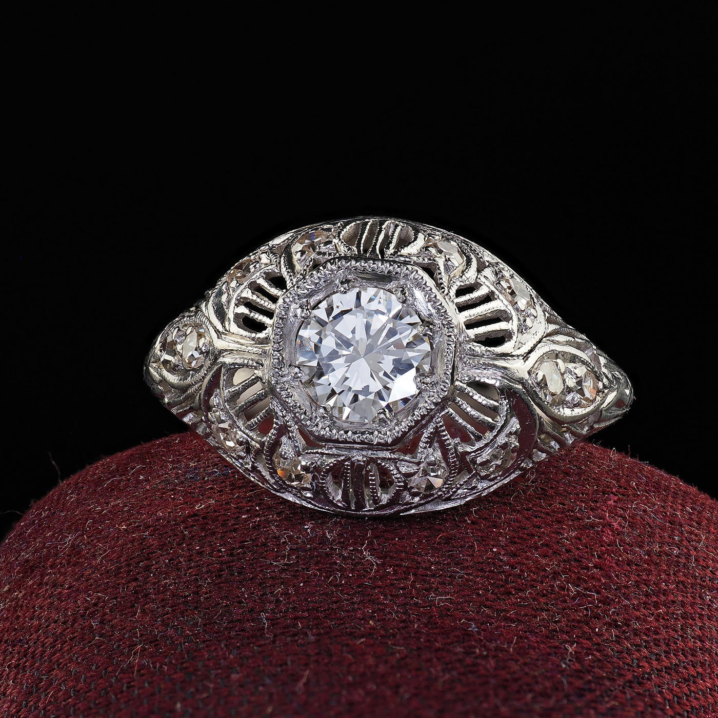 Antique Edwardian Platinum Old Cut Diamond Filigree Engagement Ring